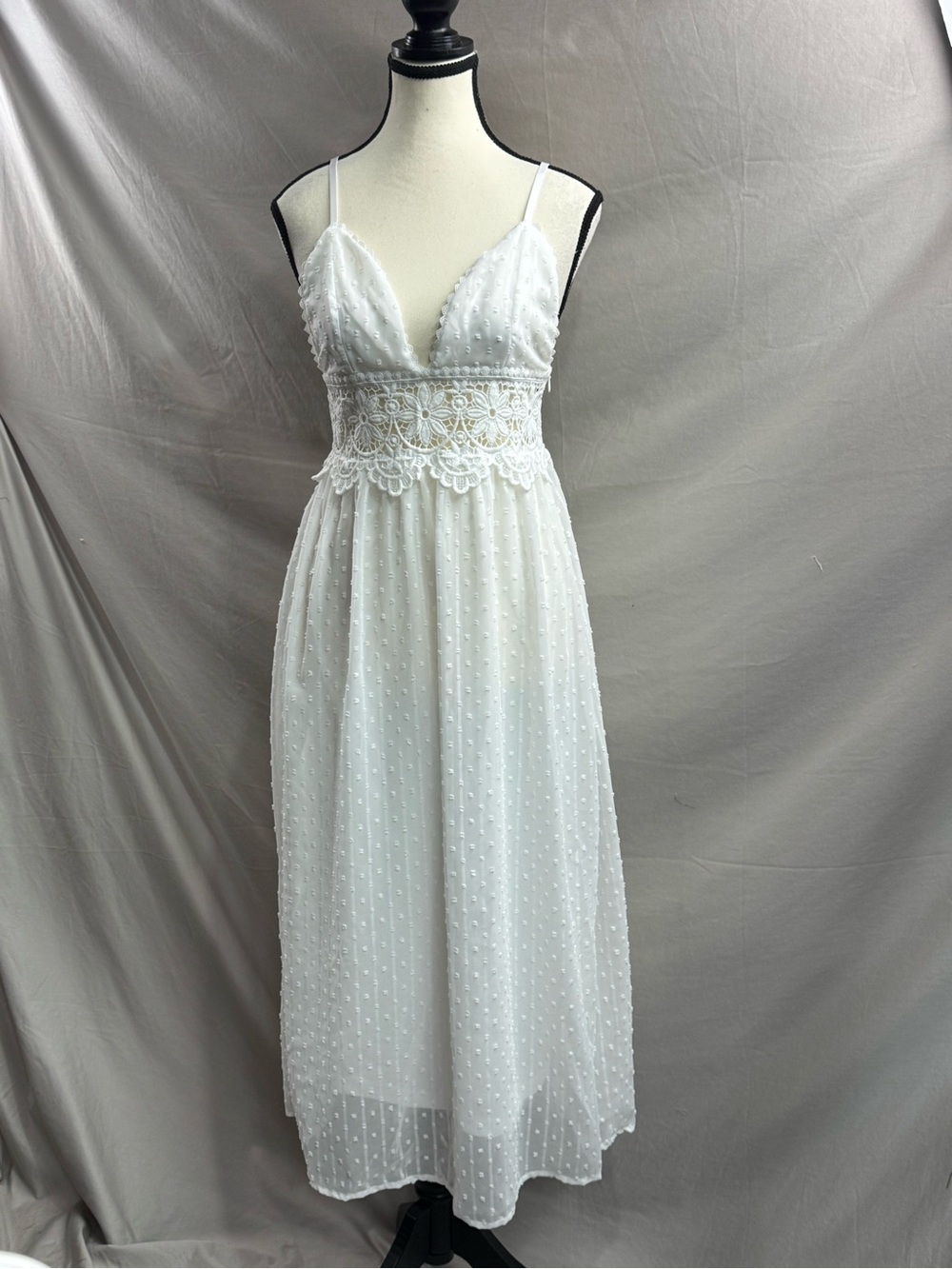 Boho White Swiss Dot Midi Dress with Crochet Lace Waist - Picture 11 of 13
